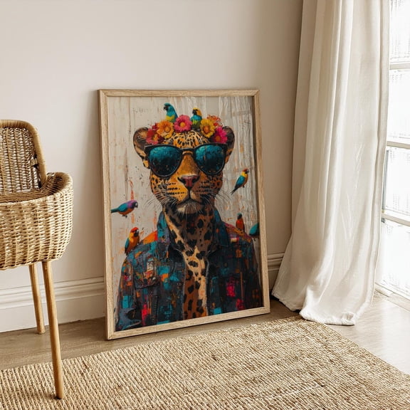 Floral Leopard Wall Art Maximalist Dorm Decor Print, Unframed Canvas Size 24x36