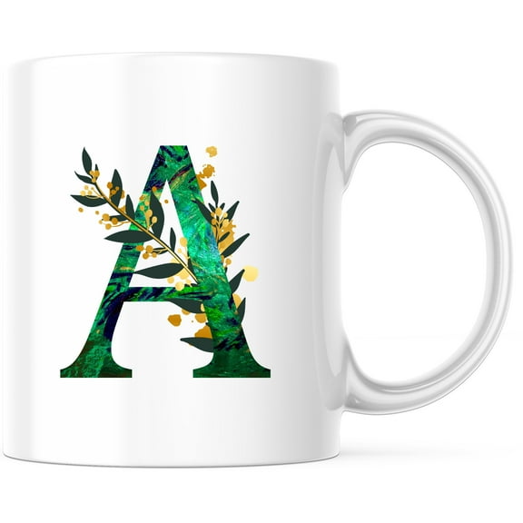 Floral Letter A Mug - Botanical Initial Monogram Coffee Tea Cup - Custom Personalized Gift for Her - 11 Ounce Novelty Coffee Cup - WMUG0056