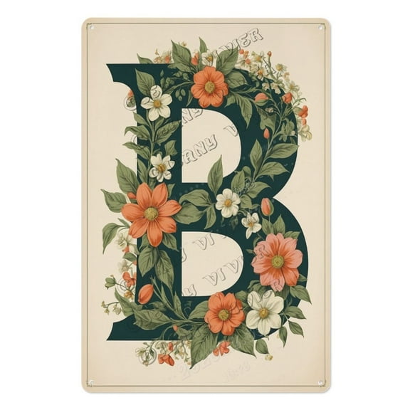Floral Letter 'B' Tin Sign Beautiful Initial Wall Art for Home & Nursery, Ideal Gift for New Parents, Birthdays, and Personalized Spaces 8x12 inch