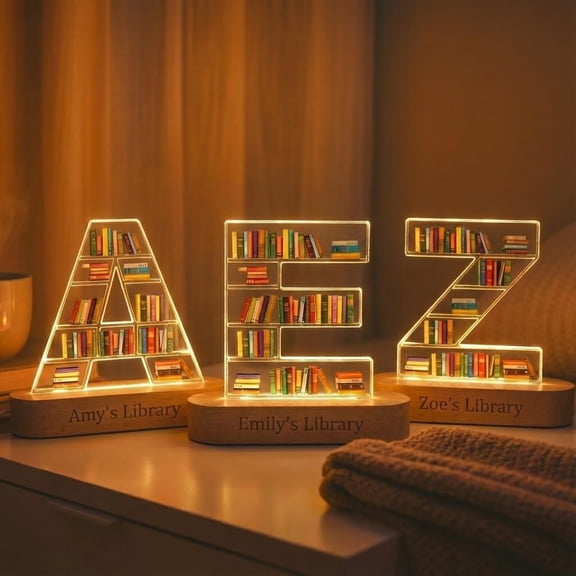 Floral Letter Book Nook Night Light, Flat 2D Acrylic Printed, Custom Initial Library Decor, Gift For Reader