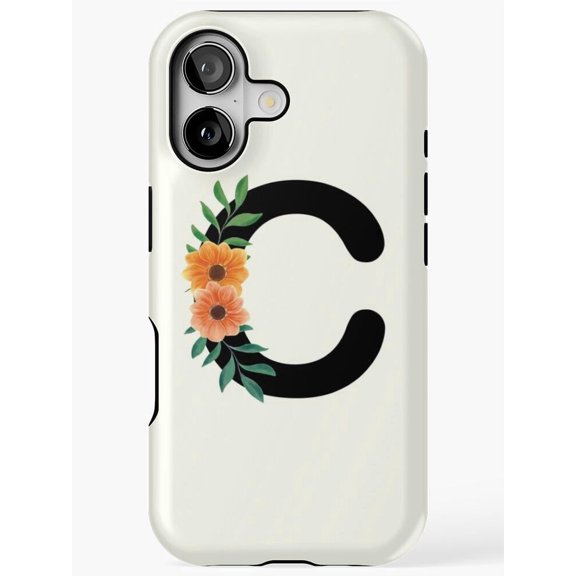 Floral Letter C Monogram Black, Orange and Green Tough Phone Case for Apple iPhone Series, Dual Layer