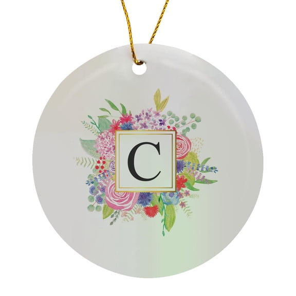 3drose, Floral Letter C Watercolor Pink Flowers Monogram Personal Initial C, Circle Porcelain Ornament