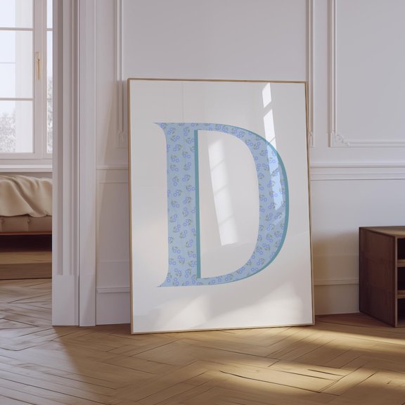 Floral Letter D Light Blue Nursery Poster, Unframed Size 8x12