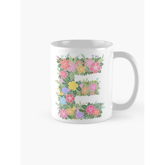 Floral Letter E Coffee Mug, 11oz Ceramic, Pink Green Yellow and Blue Botanical Style