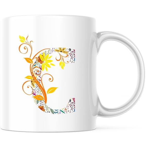 Floral Letter E Mug - Botanical Initial E Coffee Mug - Monogram E Gift - Custom Alphabet Mug - Personalized Floral Mug Gift - 11 Ounce Novelty Coffee Cup - WMUG0058