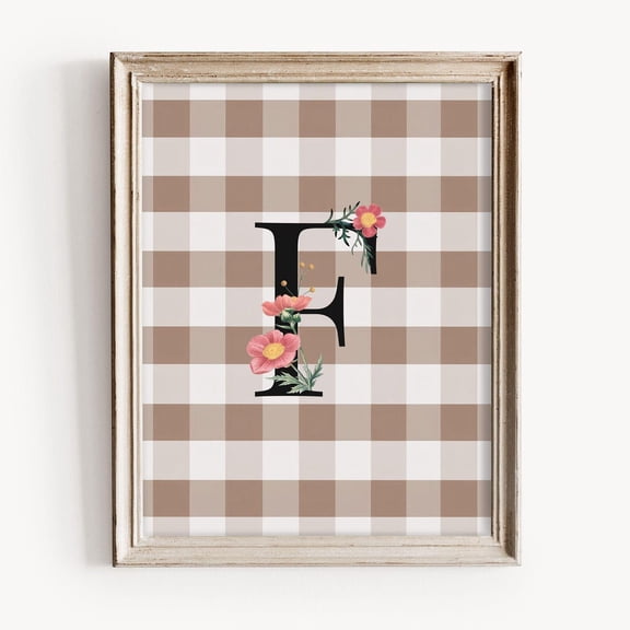 Floral Letter F Wall Art Print, Beige Gingham Monogram Nursery Decor