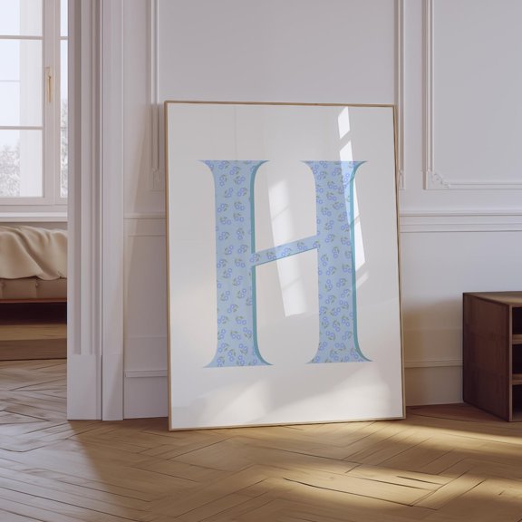 Floral Letter H Light Blue Nursery Poster, Unframed Size 8x12