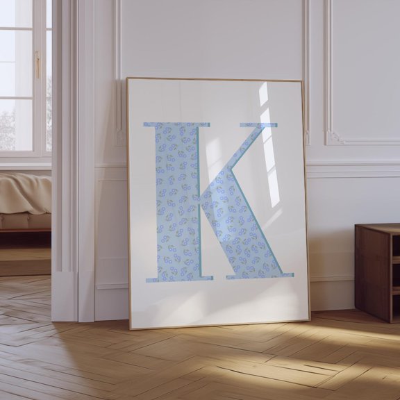 Floral Letter K Light Blue Nursery Poster, Unframed Paper Poster 8x10in