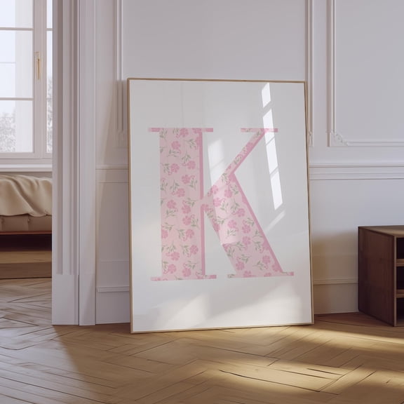 Floral Letter K Light Pink Nursery Poster, Unframed Size 24x36