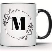 Floral Letter M Initial Mug - Monogram Coffee Mug - Custom Name Tea Cup - Cute Personalized Mug - Gift for Her - 11 Ounce Black Rim Handle Novelty Coffee Cup - WMUG0363-Black Rim