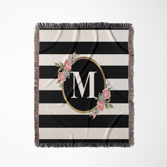 Floral Letter M Monogram - Black And White Stripes And Flowers Initial, Woven Blanket