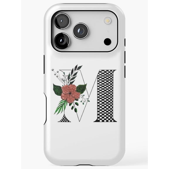 Floral Letter M with Checkerboard Accent Tough Case for Apple iPhone, Polycarbonate and TPU