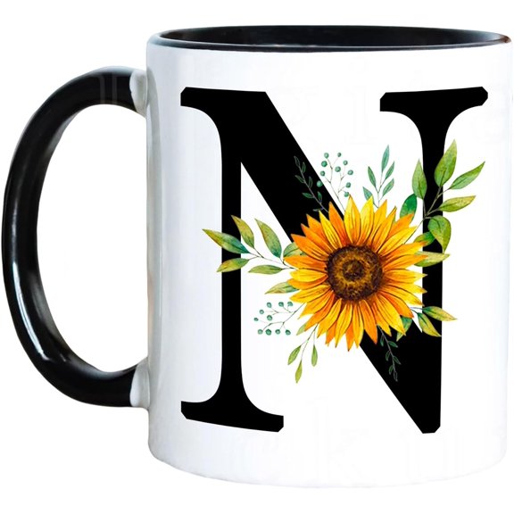Floral Letter N Birthday Gifts for Women, 11oz Reusable Monogrammed Ceramic Coffee Mug Black with Flower Initial N Drinkware Tea Cup for Home Office Aunt Mom Sister Friends Christmas 1pc(14N)