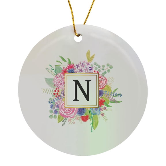 3drose, Floral Letter N Watercolor Pink Flowers Monogram Personal Initial N, Circle Porcelain Ornament