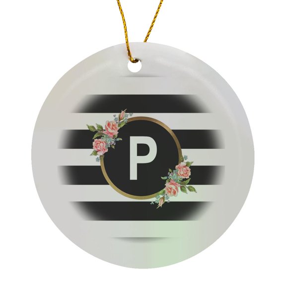 3drose, Floral Letter P Monogram - Black and White Stripes and Flowers Initial, Circle Porcelain Ornament