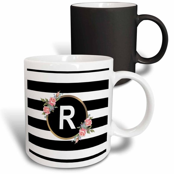 3drose, Floral Letter R Monogram - Black and White Stripes and Flowers Initial, 11oz Magic Transforming Mug