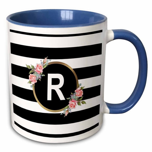 3drose, Floral Letter R Monogram - Black and White Stripes and Flowers Initial, 15oz Two-tone Blue Mug
