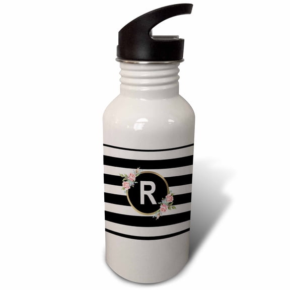 3dRose, Floral Letter R Monogram - Black and White Stripes and Flowers initial, Flip Straw 21oz Water Bottle