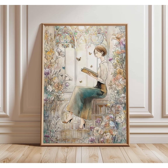 Floral Library Reading Poster, Unframed Paper Poster 8x10in