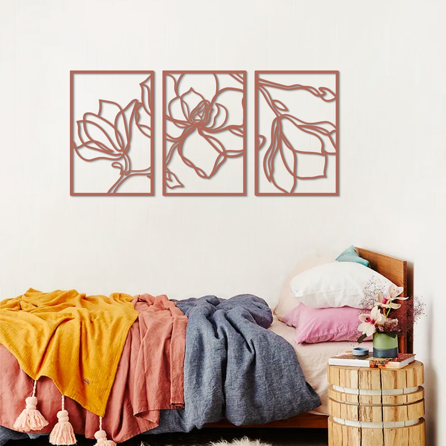 Abstract Red Metal Floral Wall Art Set of 3 Panels
