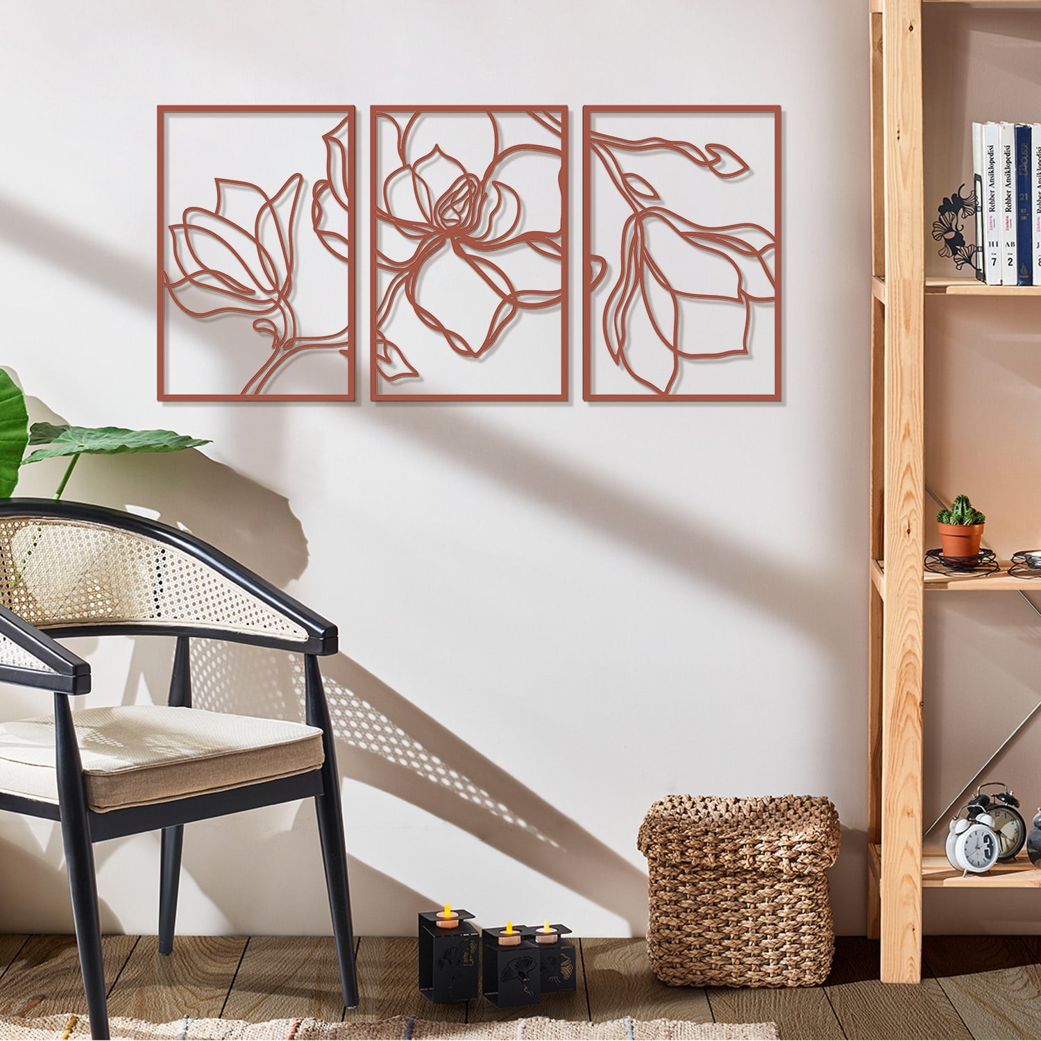 Welcoming Red Floral Metal Wall Art Set of 3 Panels