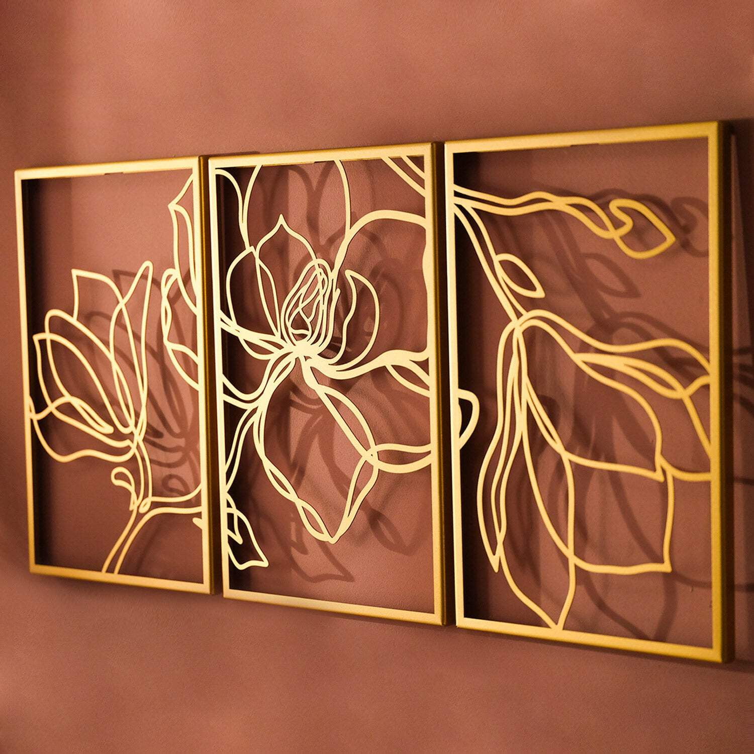 Gold Abstract Floral Metal Wall Art Set of 3 Panels