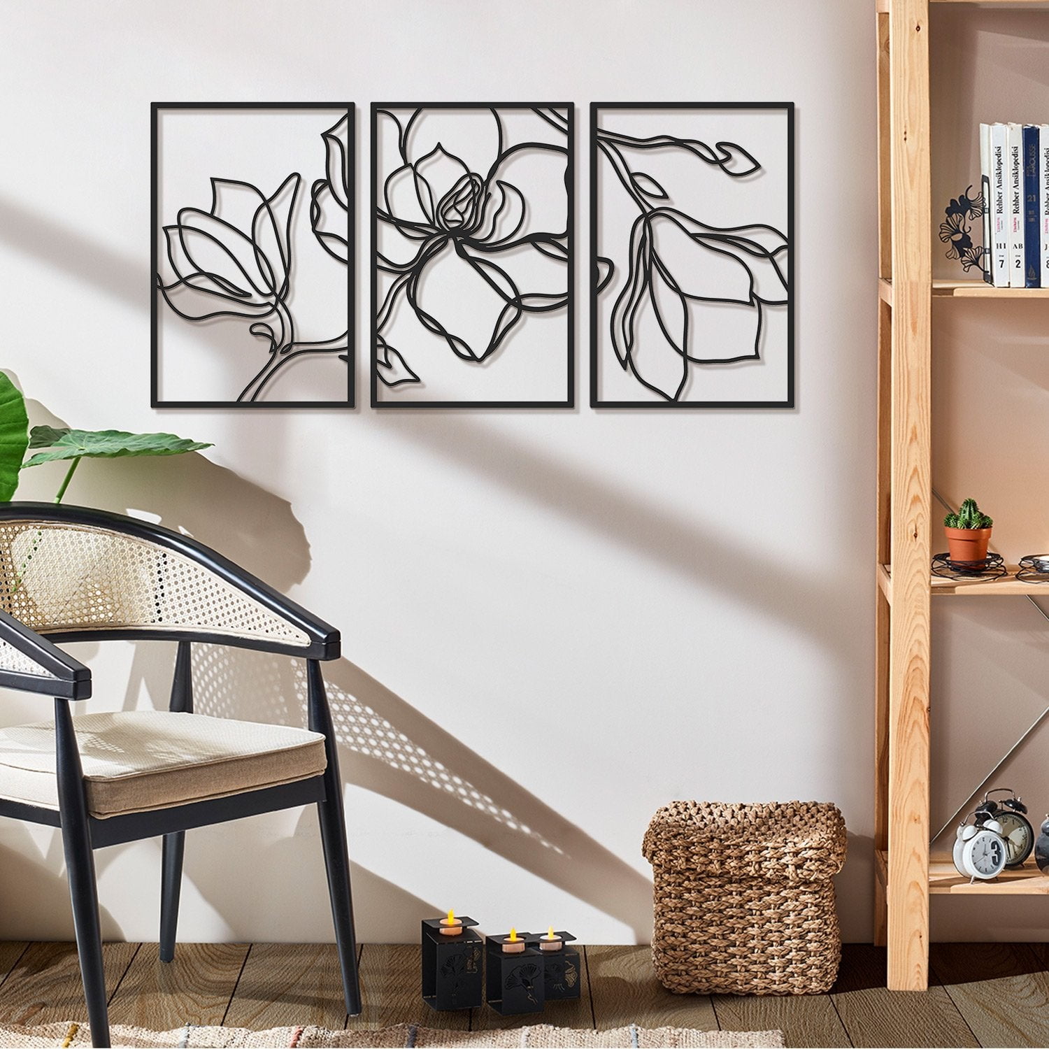 Black Metal Floral Line Wall Art Set of 3 Panels