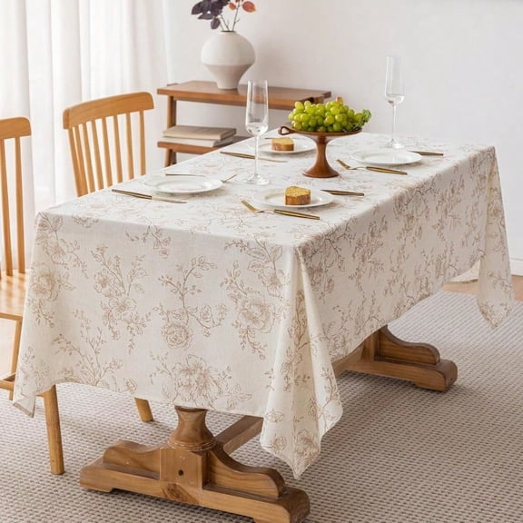 Floral Linen 55 x 120 inch Oval Tablecloth Wrinkle Resistant Vintage Farmhouse Long Tablecloth Brown Pattern Printed on Cream Table Cloth Rec Cottage Burlap Fabric Table Cover Home Decor Holiday