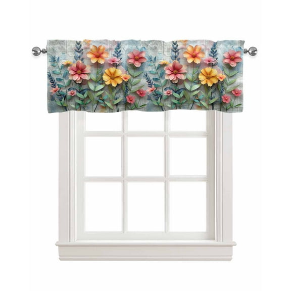 Floral Linen Curtain Valance for Bedroom/Bathroom/Kitchen/Office/Living/Dining Room Window,Shabby Chic Newspaper Flower Leaf Watercolor Pocket Topper Drapes Decorative Cafe Drapery Panel 42"x18"