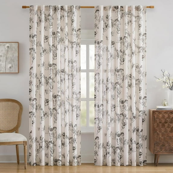 Floral Linen Curtains, French Country Vanilla Printed Pattern Drapes, Farmhouse Vintage Light Filtering Privacy Semi Sheer Window Curtains for Living Room Bedroom, 2 Panels, 52×84 Inches