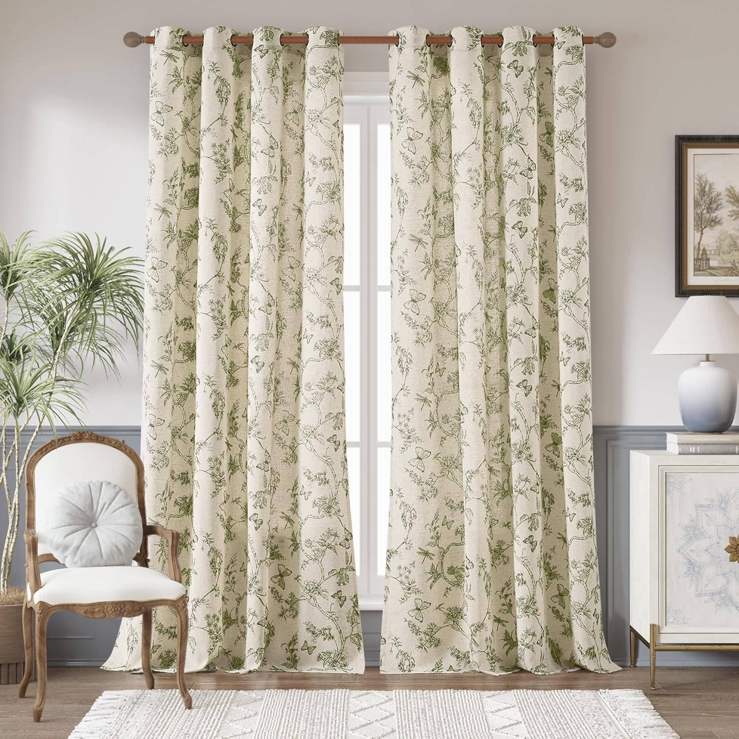 Floral Linen Curtains for Living Room 96 Inch Length Butterfly Curtain ...