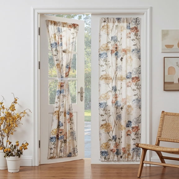 Floral Linen Door Curtains 72 Inch Long 2 Panels For Front - Light Filtering Semi Sheer Window With Rod Pocket Yellow 24" W X 72" L