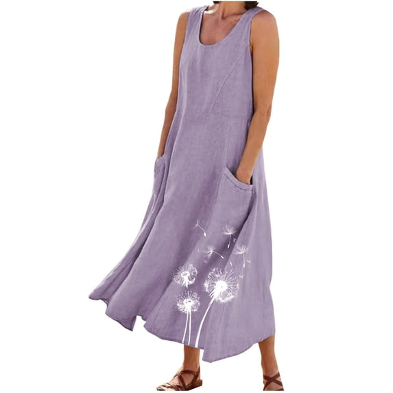Floral Linen Dresses for Women Summer Plus Size Maxi Sundress Sleeveless Loose Flowy Beach Vacation Dress with Pockets, Purple M