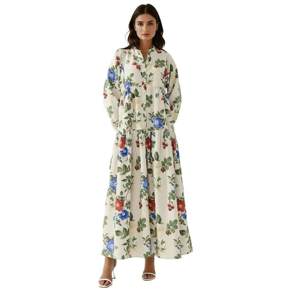 Floral Linen Feel Crew Neck Maxi Dress