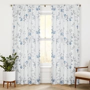 Floral Linen Semi Sheer Curtains 108 Inches Long 2 Panels for Living Room Bedroom Blue Grey Farmhouse Flower Patterned Light Filtering Textured Rod Pocket Window Treatments Drapes, 50x108