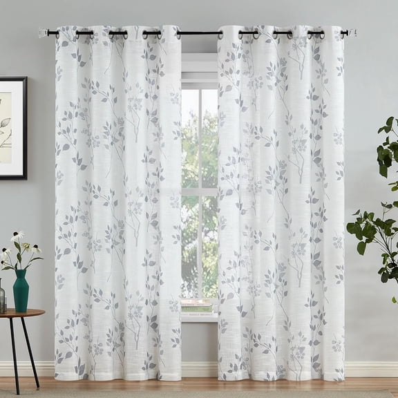 Floral Linen Semi Sheer Curtains 84 Inches Long 2 Panels for Living Room Bedroom Grey Farmhouse Flower Patterned Light Filtering Textured Grommet Top Window Treatments Drapes, 50x84 2 Set