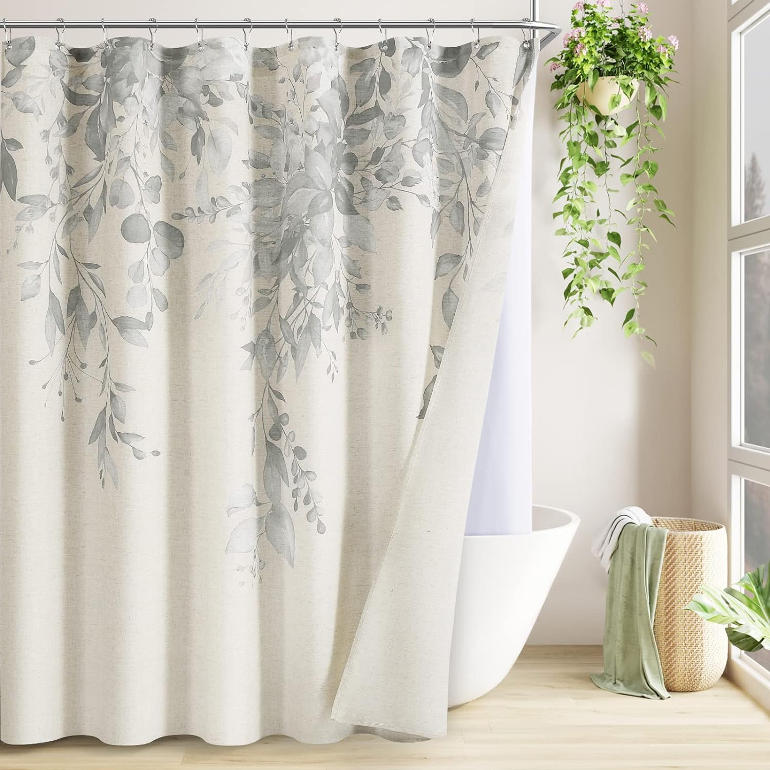 Floral Linen Shower Curtain Set 78 Inch Length for Bathroom Silver Gray