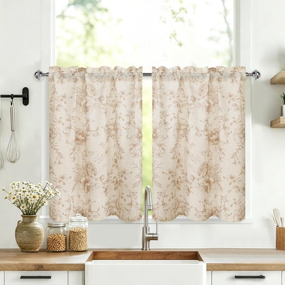 Floral Linen Textured Tier Curtains Vintage Brown Floral Print Semi Sheer Window Curtains for Kitchen Bathroom Small Windows