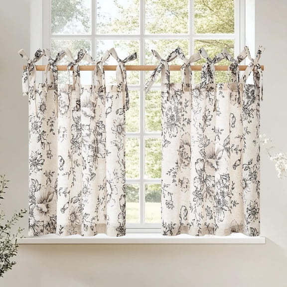 Floral Linen Tier Curtains 24 Inch Farmhouse Cafe Tie Top Botanic Drapes for Small Windows Over Sink Kitchen Country Rustic Laundry Room Bathroom RV 2 Panels Black on Beige