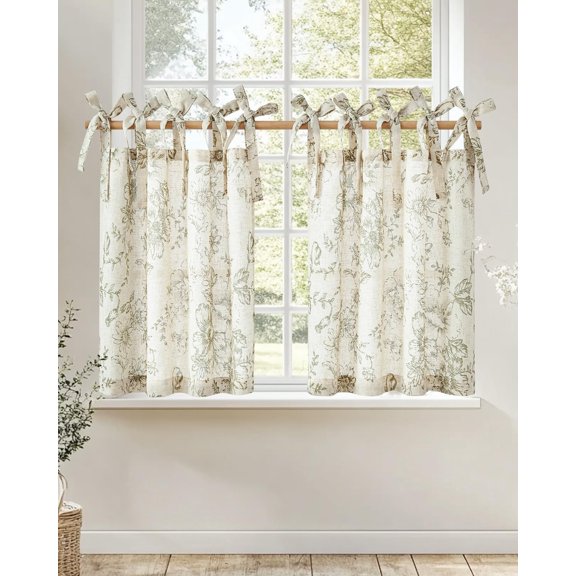Floral Linen Tier Curtains 36 Inch Farmhouse Cafe Curtains Tie Top Botanic Drapes for Small Windows Over Sink for Kitchen Country Rustic Laundry Room Bathroom RV 2 Panels Green on Beige