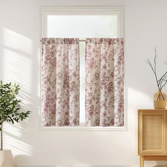 Floral Linen Tier Curtains 45 Inch Farmhouse Botanic Cafe Drapes For Small Windows Rustic Half Window Kitchen Living Room Bathroom Laundry 2 Panels Red On Beige