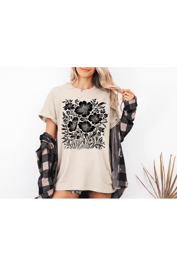 Floral Linocut Vintage Pressed Flowers Cottagecore Nature T-Shirt - All Size S-5XL