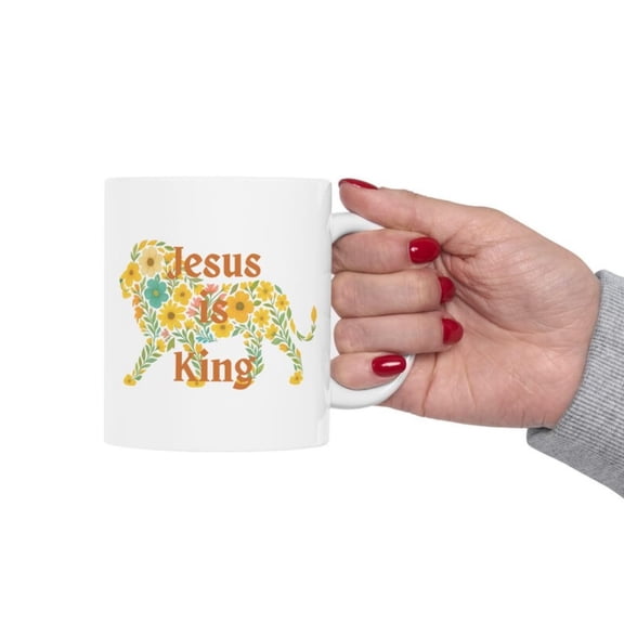 Floral Lion Ceramic Mug, Jesus Is King Cistian Lion Mug, Religious Theme Coffee Cup oz oz, Faith Gift Her Him goer Gift.