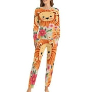 YHX66 Floral Lion Cubs Cute Pajamas Woman Two Piece Design Long Sleeves Oversize Pajama Sets