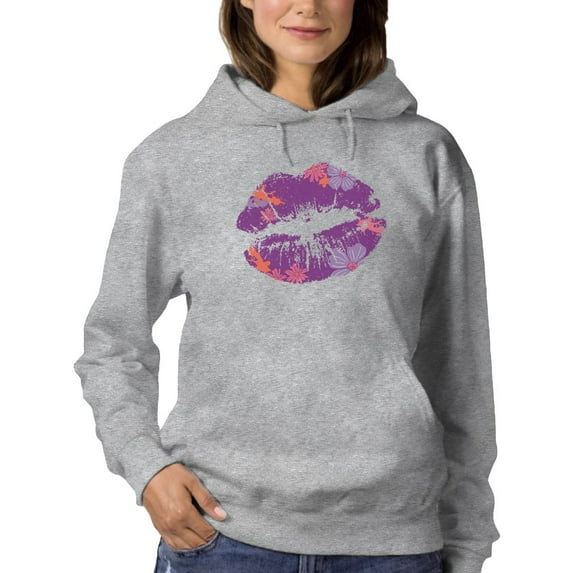 Floral Lips Design Women Hoodie, Female Small