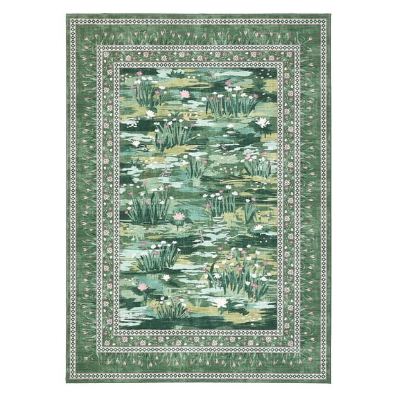 Floral Living Room Rugs, Washable Large Non-Slip Accent Dining Room Rug, Soft Low-Pile Decorative Rugs, Bordered Water Lily Print Rug for Home