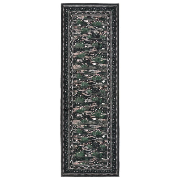 Floral Living Room Rugs, Washable Large Non-Slip Accent Dining Room Rug, Soft Low-Pile Decorative Rugs, Bordered Water Lily Print Rug for Home