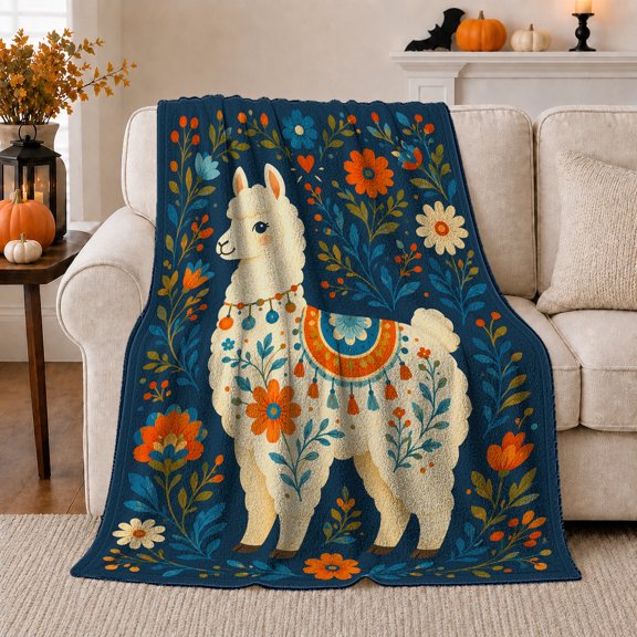 Floral Llama With Colorful Tassels, Cozy Flannel Blanket for Llama Art Enthusiasts, Colorful Folk Animal Illustration Composition Home Decor for Living Room and Bedroom, Friendship Gift