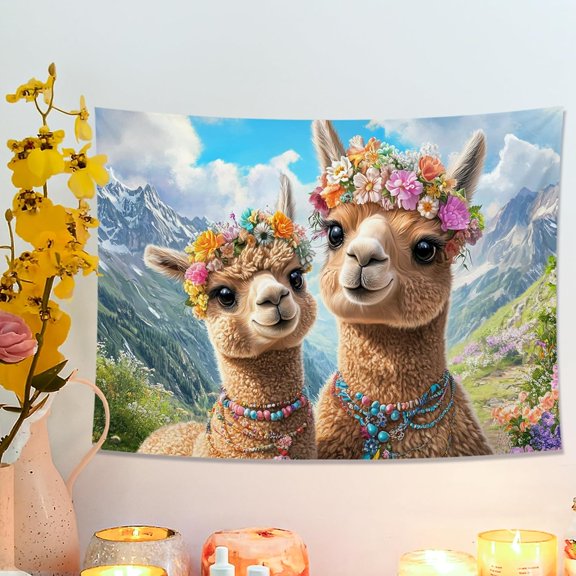 Floral Llama Tapestry, Brown and Beige Wall Hanging, Cute Animal Decor for Spring, Bohemian Aesthetic for Living Room, Bedroom, Dorm 40x30 Inch