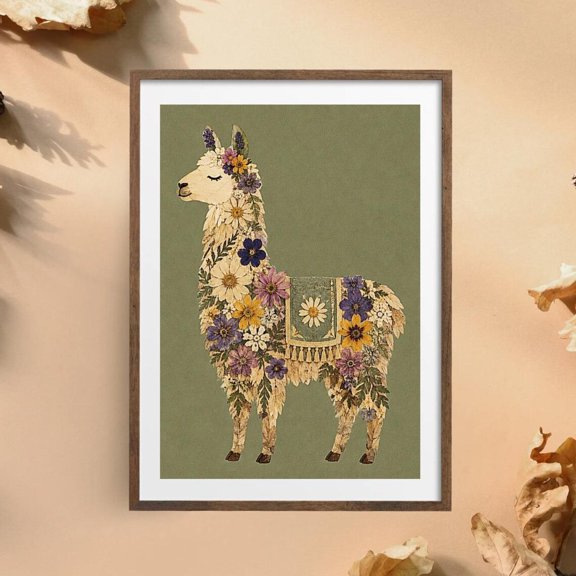 Floral Llama Wall Art Boho Decor Peruvian Llama Print For Hallway Lounge Home Renew Fun Flower Art Botanical Sage Green Art, Unframed Paper Print